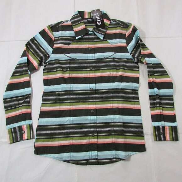 Cruel Girl's Medium Long Sleeve Stripe Print Snap Western Shirt - Multi - Picture 1 of 4